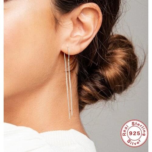 GS 925 Sterling Silver Simple Double Line Dangle Earrings For Women Long Tassel Chain Drop Earrings Wedding Party Jewelry