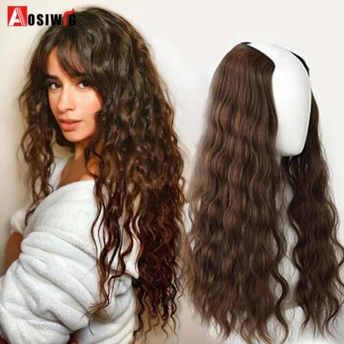 AOSI Fake Hair Extensions Clip Hairpiece V-Shaped Half Wig Natural Wavy Extension False Strands Synthetic Hair On Hairpins Women