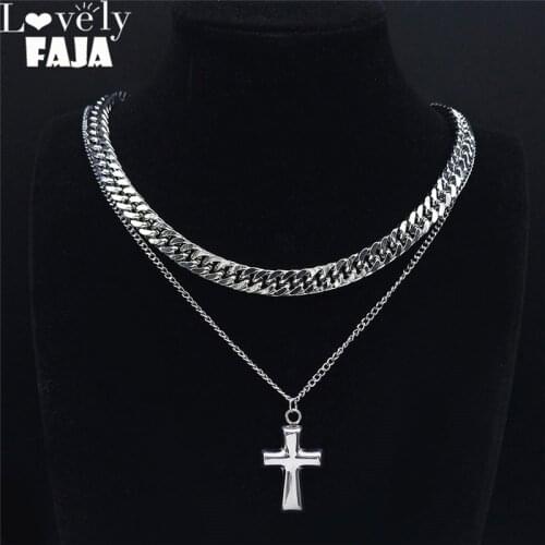 2pcs Punk Stainless Steel Christian Cross Chains Necklaces Women Silver Necklace Jewelry cadena acero inoxidable mujer NXS03