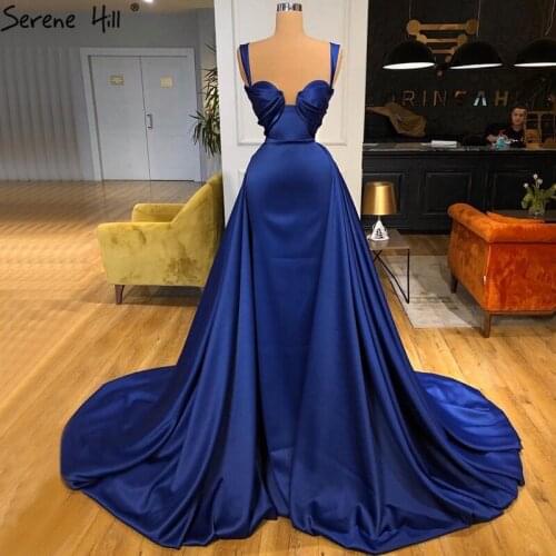 Dubai Blue Mermaid Satin Sexy Evening Dresses 2020 Sleeveless Simple Lace Up Formal Dress Design Serene Hill LA70579