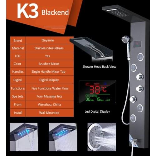 Vidric Vidric Black Hydroelectricity Digital Display Shower Panel Column LED Rain Waterfall Shower 2-way Spa Jets Bath Shower Mi
