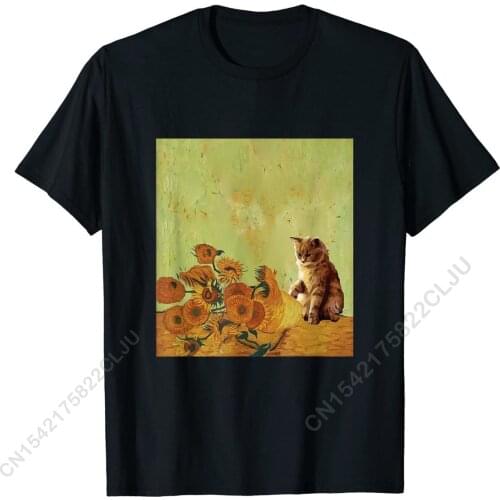 Sunflowers By Vincent Van Gogh And Funny Cat Art Meme T-Shirt Cute Men T Shirts Simple Style Tops & Tees Cotton Custom