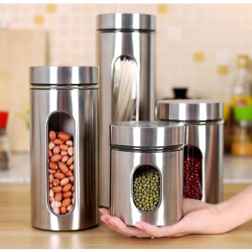 Kitchen Household Stainless Steel Storage Tank Shatter-resistant Visual Glass Seal Pot Grains Caddy Receive Food Cans