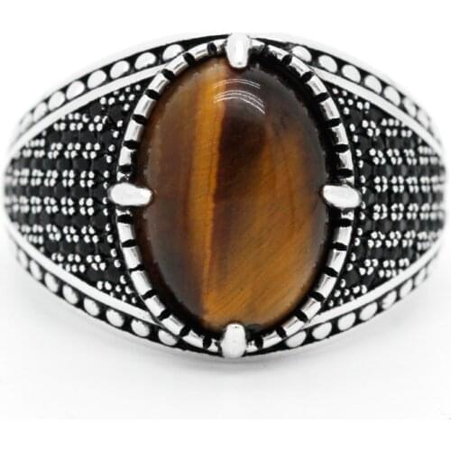Men Ring 925 Sterling Silver Prong Setting Natural Tiger Eyes Stone with BlacK CZ Rings Vintage Turkish Jewelry for Male Women