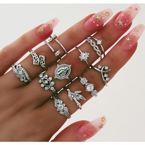 2019 Bohemian Crystal Geometry Joint Female Ring for Women Vintage Gold Silver Color Eye Virgin Mary 13Pcs Ring Set Wholesale