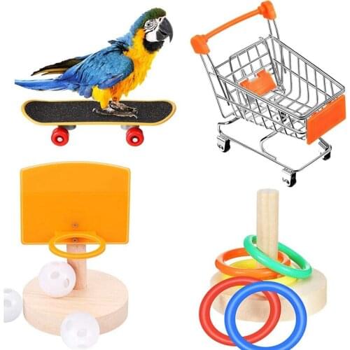 4-Piece Bird Training Toy Set, Including Shopping Cart Basketball Stacking Ring Toy Skateboard Parrot Intellectual Toy