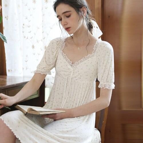 Summer Idyllic Style Nightdress Women Loose Floral Lace Skirt Short Sleeve Viscose Nightgowns Sexy Night Dress Home Clothes 2021