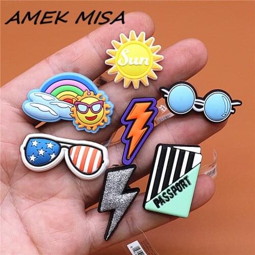 Original PVC Croc Shoe Charms NEW Sunglasses Sunrise Sun Lightning Shoes Decorations Accessories for Jibz Kids Party Gifts U197