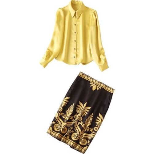 Autumn Fashion Women Clothing Set Yellow Satin Shirt + Print Knee Length Pencil Skirt