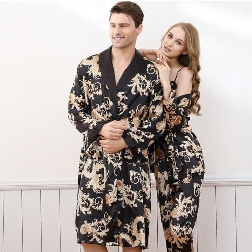 Luxury Summer Satin Silk Mens Robe Dragon Print Long-Sleeve Lovers Bathrobes Kimono V-Neck Silk Sexy Sleepwear Womens Robe Set