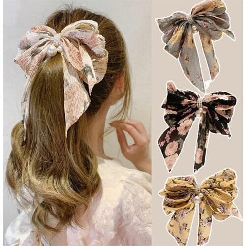 Handmade Big Bow Folds Pearl Steel Clip Spring Clip Sweet Small Floral Top Clip Super Fairy Hair Clip Headdress Female