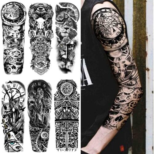 Super Large Compass Temporary Tattoo Sleeve For Men Women Adult Fake Tribal Totem Tattoos Sticker Black Lion Tatoos Full Arm