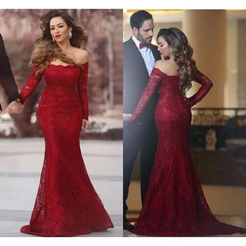 Burgundy Muslim Evening Dresses Mermaid Long Sleeves Lace Islamic Dubai Saudi Arabic Long Evening Gown Prom Dress