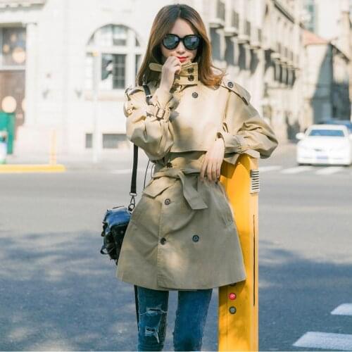 Autumn New Style Korean Khaki Women Windbreaker Fashion Retro Double-Breasted Lace-Up Tighten Waist Mid-Length Coat Women Jacket