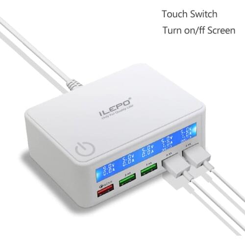 ILEPO Quick Charge QC3.0 USB Fast Charger Station 50W 5 USB A on/ff Screen Display Safety Charger for iphone ipad Kindle Tablet