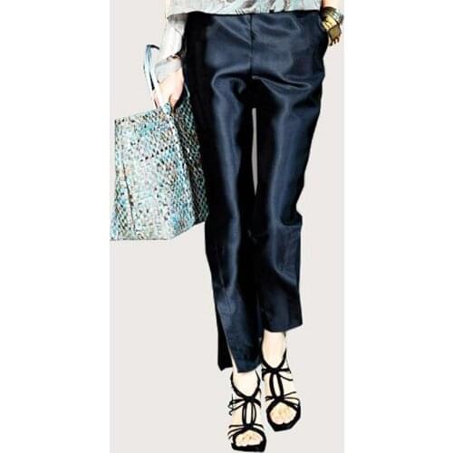 New Spring Imitation Silk Fabric Pants Women Low Rise Split Ankle Pants Pure Color Simple Office Lady Straight Casual Trousers