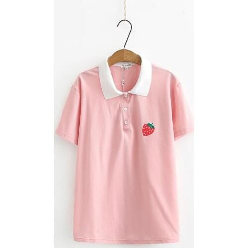 Plus size white collar Strawberry embroidery women polo shirts 2020 new summer casual ladies shirts female tops shirts
