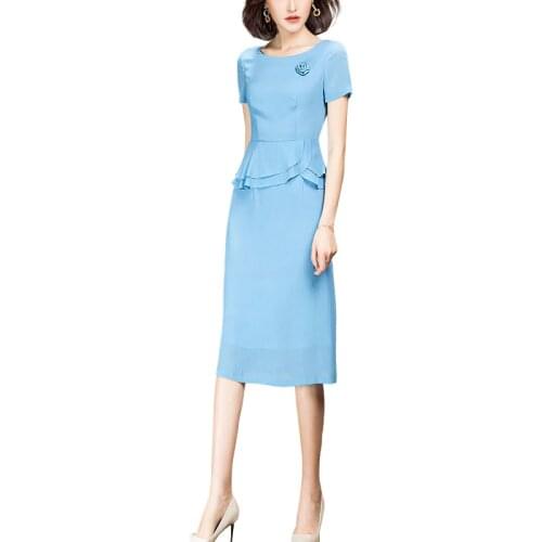 2021 Summer New Graceful Short Sleeve Striped Blue Chiffon Dress for Office Lady
