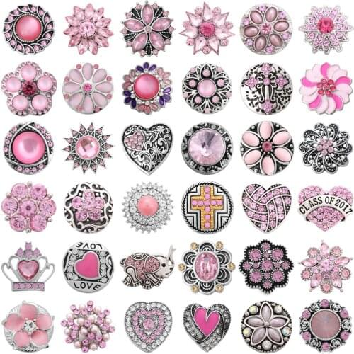 5pcs/lot Pink Snap Button Jewelry Crystal Rhinestone 18mm Metal Snaps Fit DIY 18mm Snap Bracelet Necklace