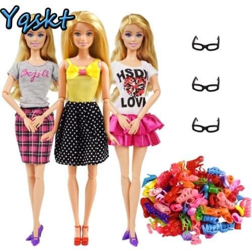 9 Item/Set Doll Accessories=3 Pcs Doll Clothes+ 3 Pcs Glasses + Random 3 Pairs Shoes for 12 Inch Doll Accessories Girl Toy Gifts