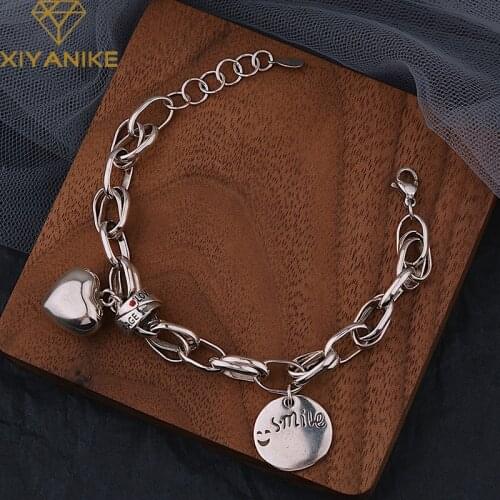 XIYANIKE 925 Sterling Silver Smile Letter Round Card Love Heart Bracelet Female Fashion Retro Simple Personality Romantic Adjust