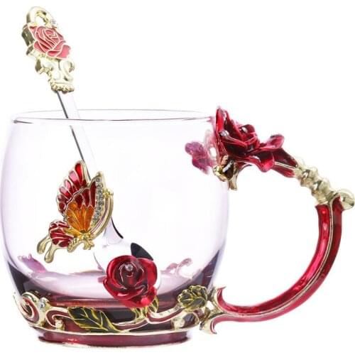 Tea Cup Glass Coffee Mugs Enamel Rose Flower Butterfly Drinking Cups with Spoon Set Unique Gifts for Birthday Wedding Christmas