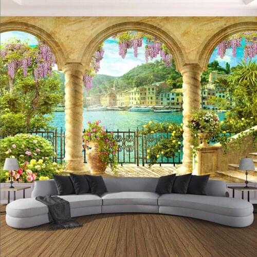 Custom Photo Wallpaper 3D Pillar Arch Lake View Building Murals Living Room Study Creative Home Decor Wall Painting 3D Frescoes