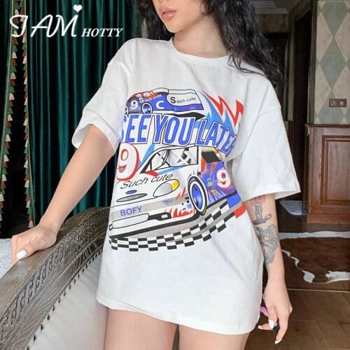 Car Print Harajuku Oversized T-shirt Women Cotton Casual Short Sleeve Tee Summer Vintage Loose Boyfriend Graphics Tops Iamhotty