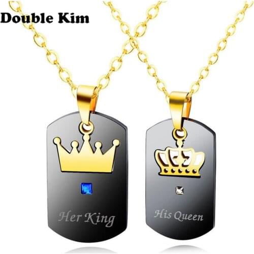 Classic Her King & His Queen Couple Necklaces with Crown Stainless Steel Pendants Military Army ID Tag Necklace Jewelry Gift