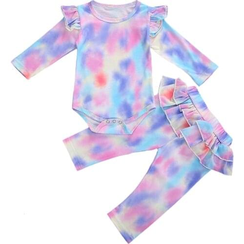 New Long Sleeve Romper+ Trousers, Tie-dye Pattern Lotus Leaf Decoration Gradient Color Home Pajamas