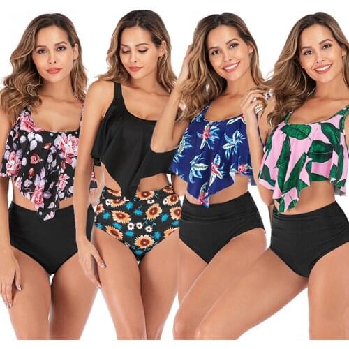 Print Swimsuit Women Two Piece Ruffle Top with High Waist Ruched Thong Bikinis Set Swimwear Bathing Suit Plus Size Tankini Set