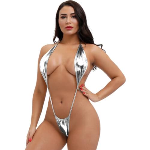 Micro bikini swimwear women swimsuit one piece biquini bikinis Patent leather Halter String Lace adjustable Large size Thong spa
