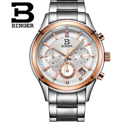Genuine swizerland BINGER Brand Men leather belt waterproof watch fashion male stopwatch calendar watch free shipping