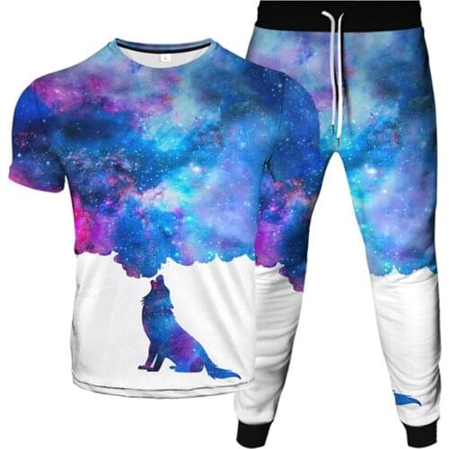 Harajuku Colorful Universe Galaxy Painting Vortex Wolf Cat Planet Print Men Fashion Tracksuit T-Shirt+Trousers 2Pcs Sets Clothes