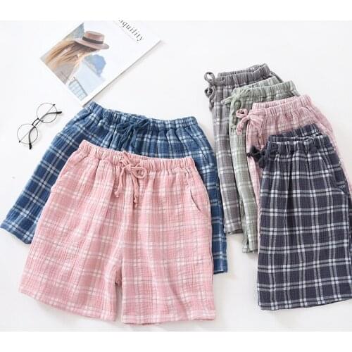 Fdfklak Couple Pajamas Summer Sleeping Pants Woman Cotton Gauze Shorts Casual Plaid Men And Women Home Pants Pajama Bottoms