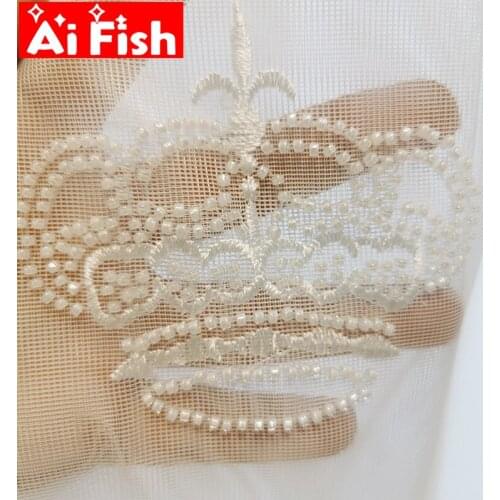 Luxury Crown Embroidery with White Beads Tulle Curtains for Living Room Refined Lace Gauze Sheer Volie for Bedroom Drape MY20030