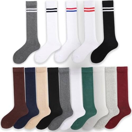 Cotton Knee Socks Women Solid Color Black White Beige Striped Pattern 200 Needle Craft Tight High Casual Spring Autumn Style