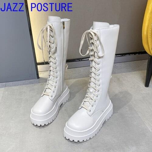 2021 Womens Lace-up Knee High Boots White Artificial Leather Square Heel Large Size Shoes Spring/Autumn/Winter w245