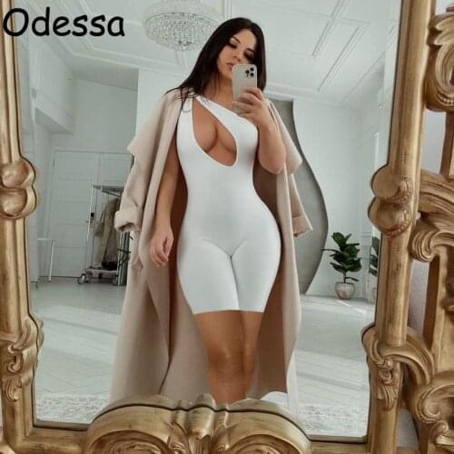 Odessa 2021 White Sexy Hollow Out Sleeveless Bodycon Playsuit Women Knot Black Fitness Sports Club Shorts Romper Summer Jumpsuit