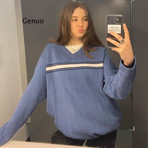 Striped V Neck Oversized Sweater Women Casual Loose Knitted Jumper Ladies Preppy Style Vintage Korean Knitwear Autumn