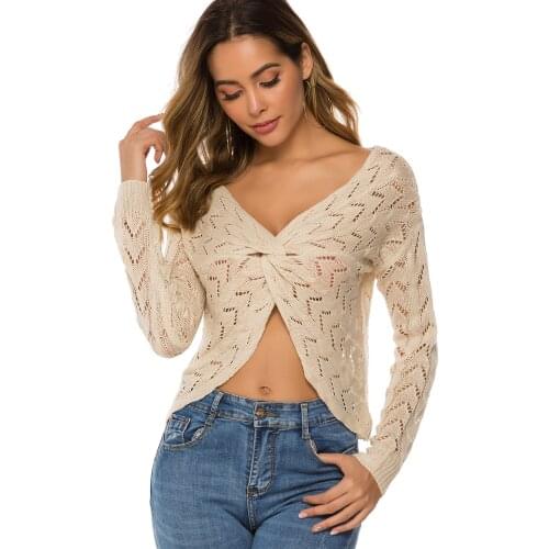 Womens Sweater Open Back Sexy Tops Fall V Neck Criss Cross Long Sleeve Loose Knitted Sweater Pullovers