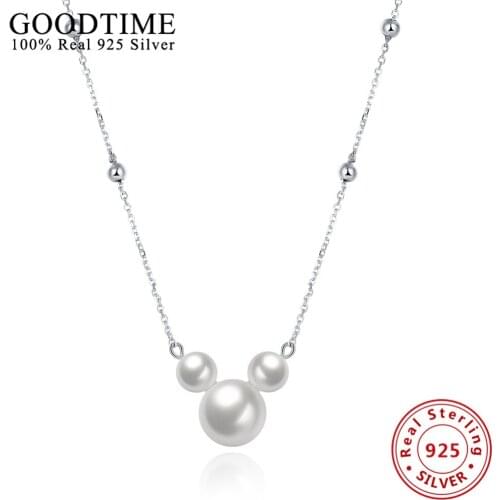 Real Solid 925 Sterling Silver Mickey Shape Pearl Pendant Necklaces For Women Lovely Link Chain Collares Choker Necklaces GTN055