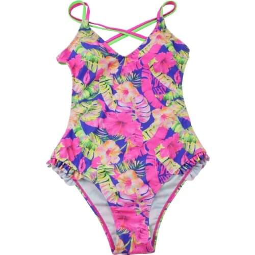 Women Sexy One-Piece Bikini Neon Strappy Bandage Cross Backless Monokini Tropical Floral Print Ruffles Trim Swimsuit Dropship