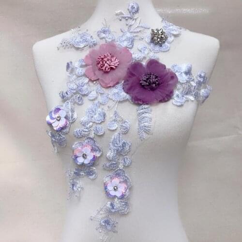 1 Pcs Mauve Purple 3D Tier Floral Rhinestones Embroidery TrimTulle Applique 3D Ribbon pistil with Shell Reflection Petals Patch