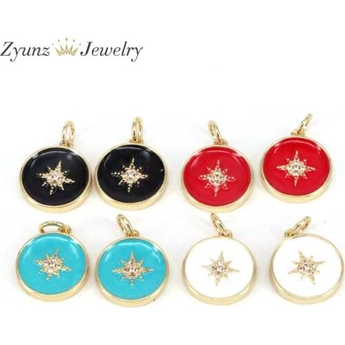 10PCS, CZ Pave Star on Round Enamel Pendant, Star Enamel Charm Pendant, Enamel Round Pendant, Oil Drop jewelry Findings