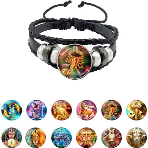 12 Zodiac Signs Constellation Charm Bracelets Men Women Fashion Weave Black Leather Bracelet & Bangle Birthday Gift
