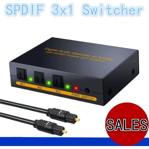 SPDIF Switch 3x1 Audio Optical Toslink Switcher Adapter Splitter Converter 3 in 1 out to L/R RCA Audio 3.5mm jack for Amplifiers
