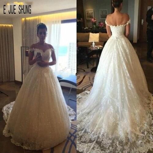 E JUE SHUNG Glitter Princess Wedding Dresses Off the Shoulder Button Back Bridal Gowns Full Lace Appliques Vestido De Noiva