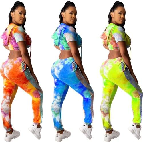 Echoine Tie-Dye Printed Zip Cardigan Hooded Two Piece Set Women Sexy Crop Tops Club Wear Casual Sports Suit Long Pants Tracksuit