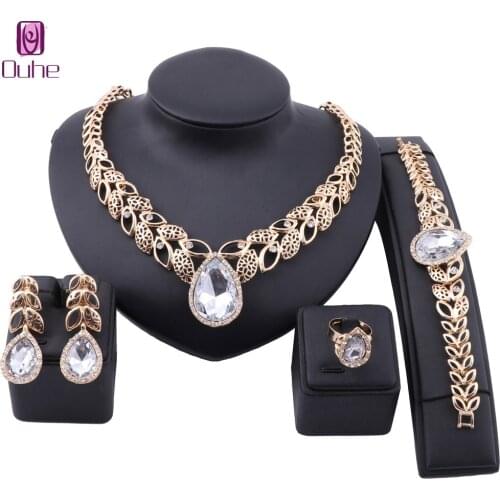 Exquisite Dubai Gold Color Gem Crystal Jewelry Set Nigerian Wedding woman Accessories costume Necklace Jewelry Set